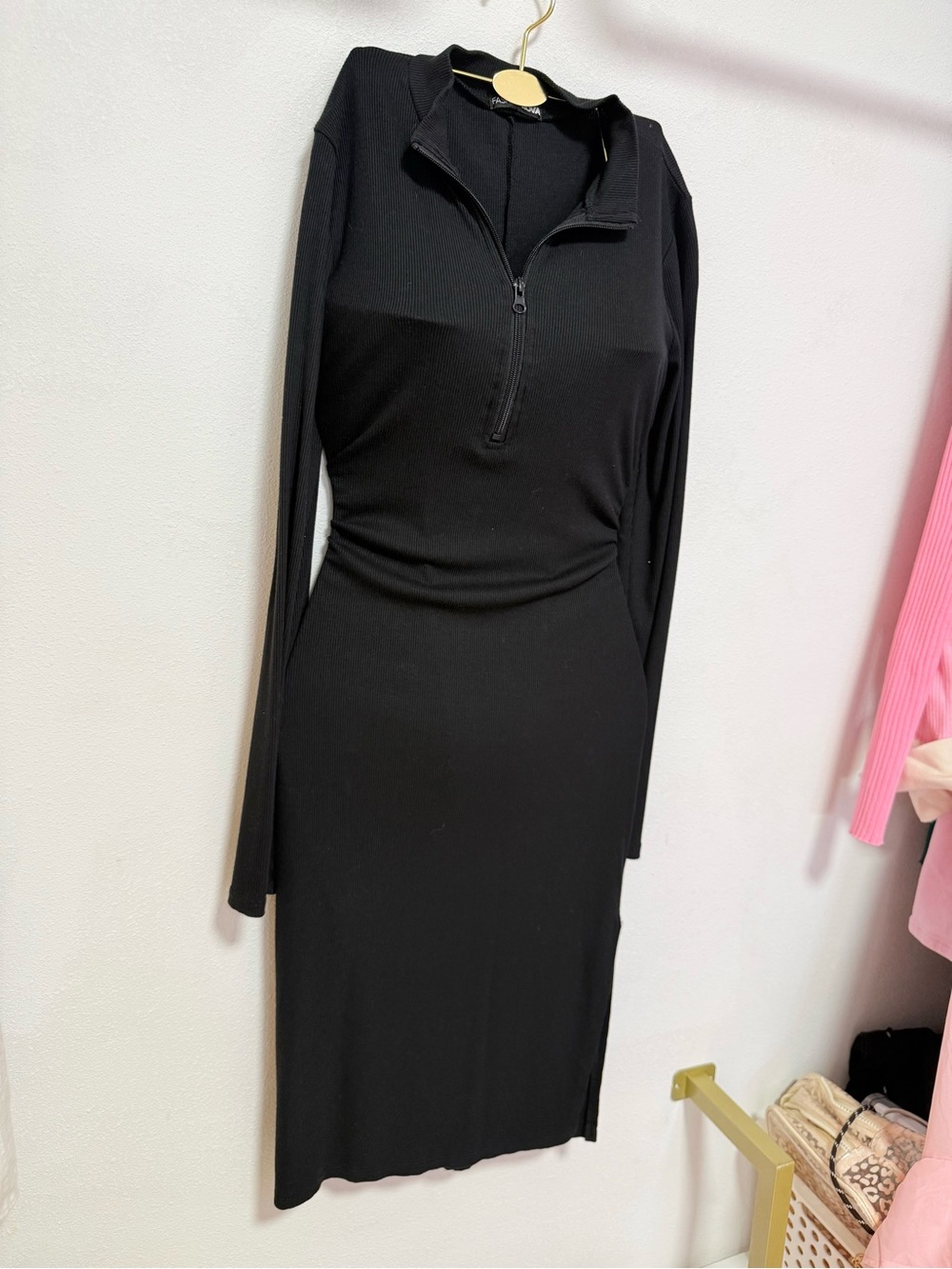 Black Long Sleeve Zip-Front Bodycon Dress